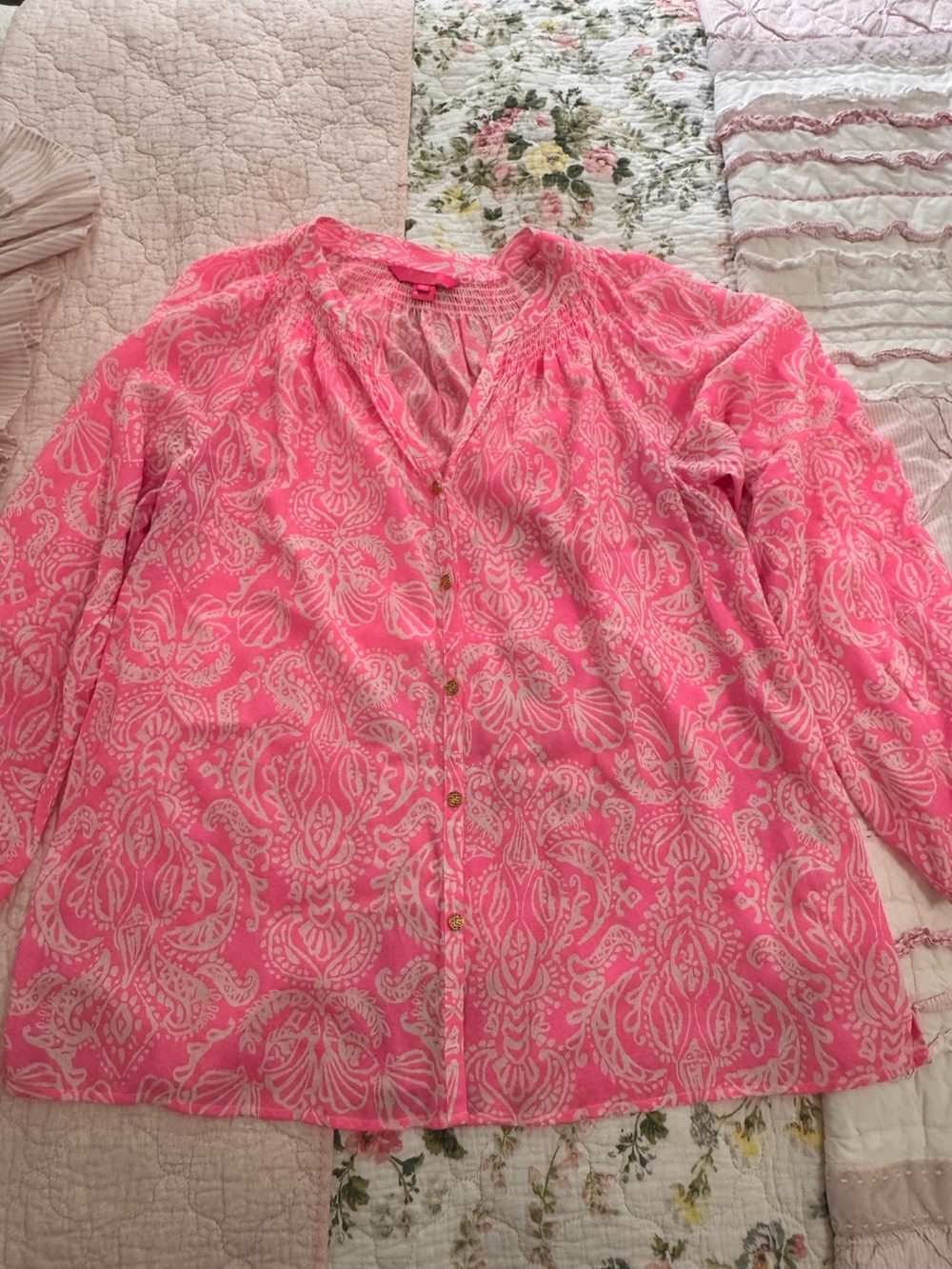 Lilly Pulitzer Coral Pink Paisley-Print Button Down Blouse